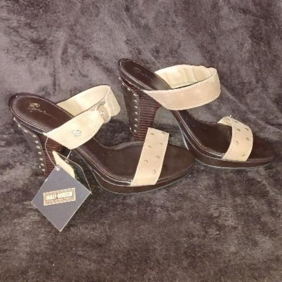 Leather Harley Davidson Brown Studded High Heeled Slides - Size 8.5, NWT - Picture 1 of 7